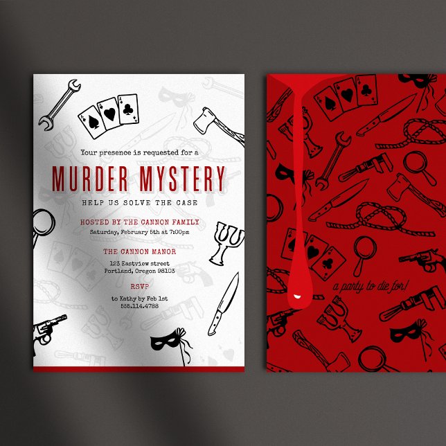 Invitación Misteriosa de Asesinato Rojo y Negro (Fun murder mystery party invitations shown on grey background with mysterious shadow overlay)