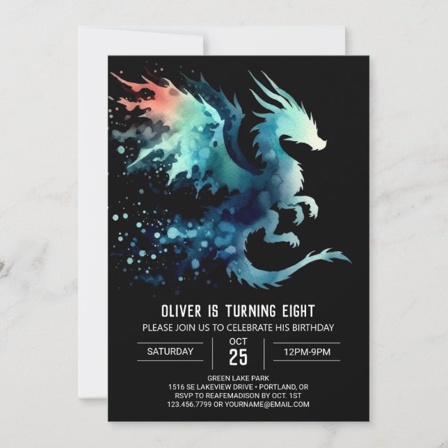 Invitación Misterioso cumpleaños Dragon imprimible (Anverso)