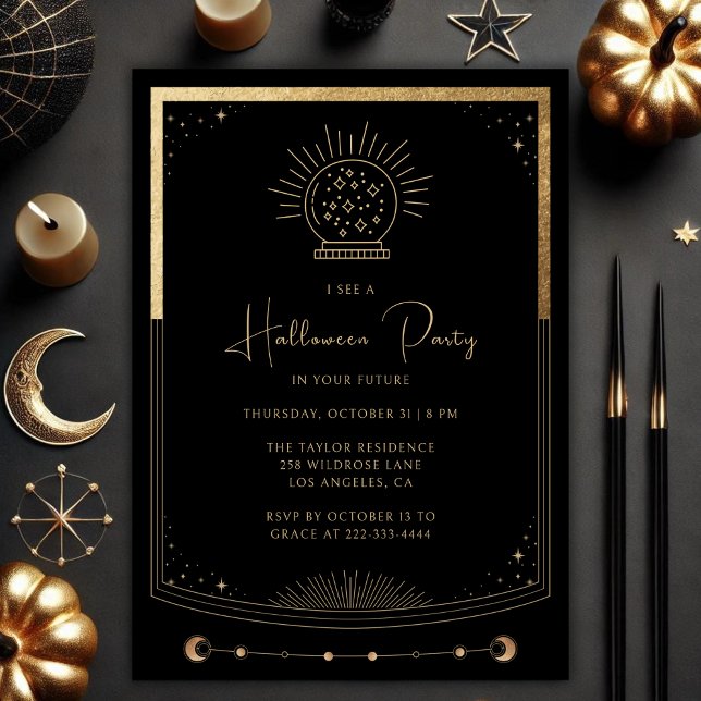 Invitación mística de Halloween de Black Gold Taro (Mystical Black & Gold Tarot Card Halloween Party Invitation Template)