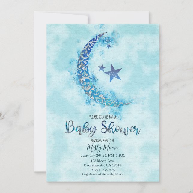 Invitación Místico azul y acuarela plateada media luna (Anverso)