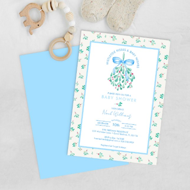 Invitación Mistletoe besa Baby Shower azul para niño (Blue ribbon winter baby mistletoe kisses baby shower)