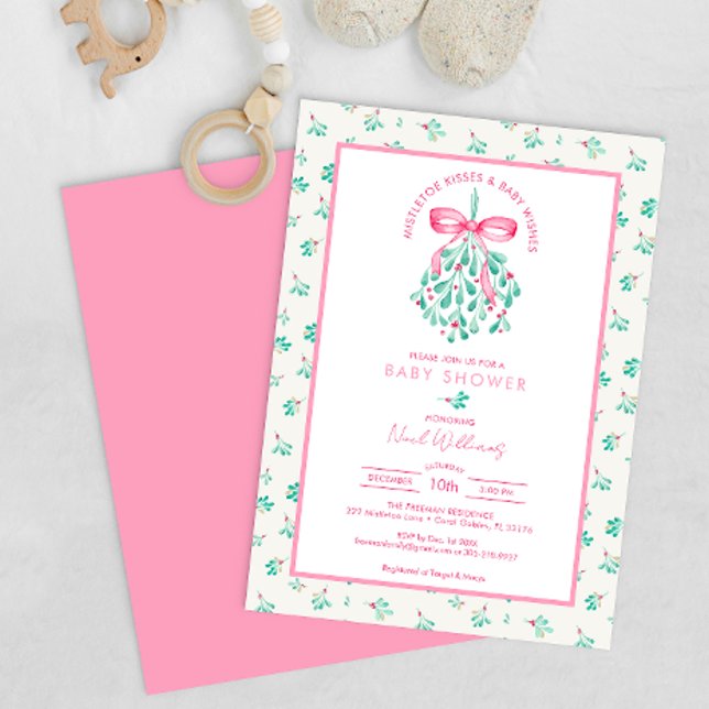 Invitación Mistletoe besa Baby Shower rosa para Chica (Pink Winter Baby Shower, Under The Mistletoe Celebration)