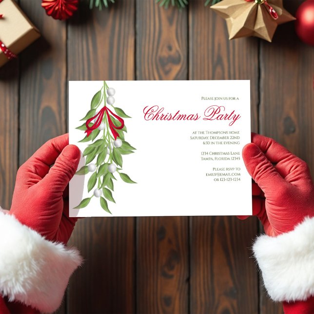 Invitación Mistletoe Greenery Christmas Party Custom  (Christmas Party Mistletoe Holiday Invitations.)