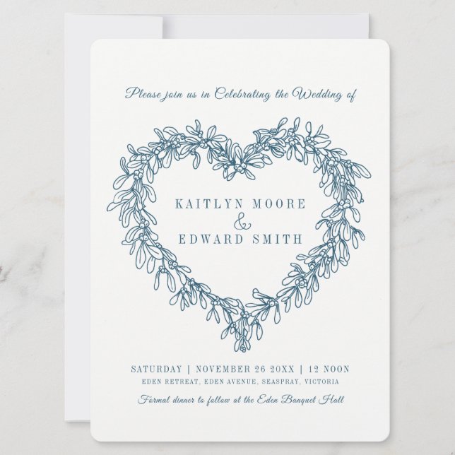 Invitación Mistletoe línea de corazón boda blanco azul (Anverso)