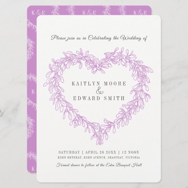 Invitación Mistletoe línea de corazón boda morado blanco (Anverso / Reverso)