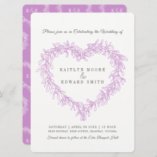 Invitación Mistletoe línea de corazón boda morado blanco
