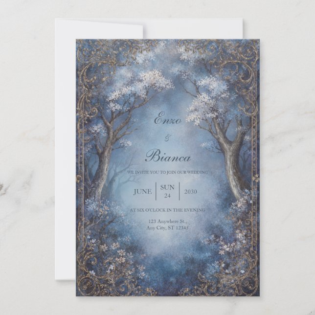 Invitación Misty Blue Enchanted Forest Gold Filigree Wedding (Anverso)