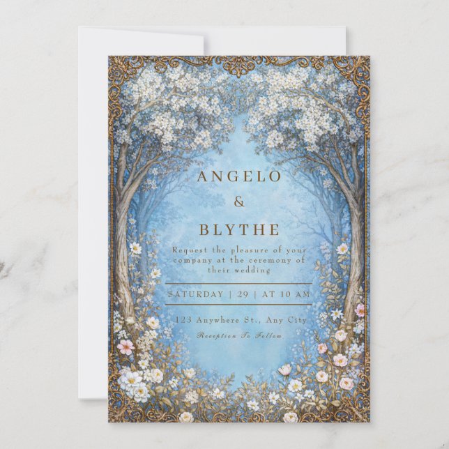 Invitación Misty Blue Enchanted Forest Gold Frame Wedding (Anverso)