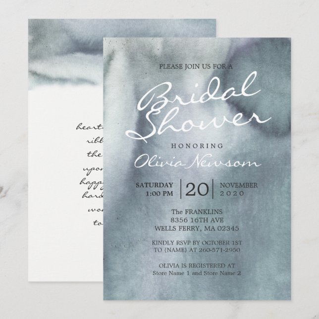 Invitación Misty Blue Grey Ocean Watercolor Ducha de novias (Anverso / Reverso)