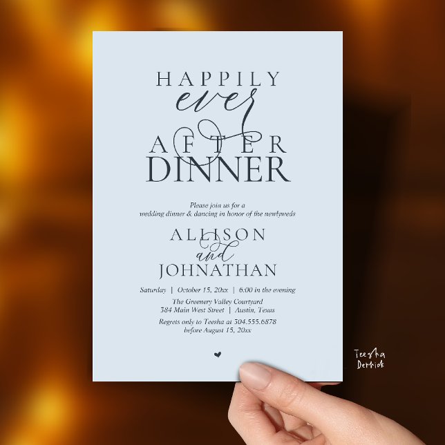 Invitación Misty Blue Happily Ever After Dinner Wedding (Happily Ever After Dinner Modern Script Wedding Invitation Card in Misty Blue)