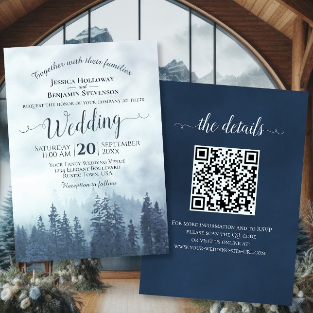 Invitación Misty Blue Mountain Pines Rustic QR Code Boda (Front/Back)
