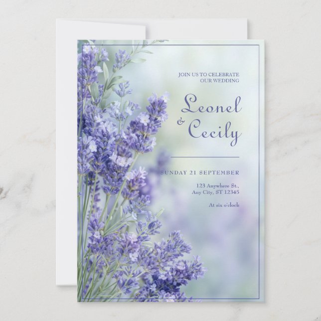 Invitación Misty Blue Romantic Lavender Frame (Anverso)