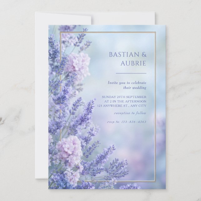 Invitación Misty Blue Romantic Lavender Gold Frame Wedding (Anverso)