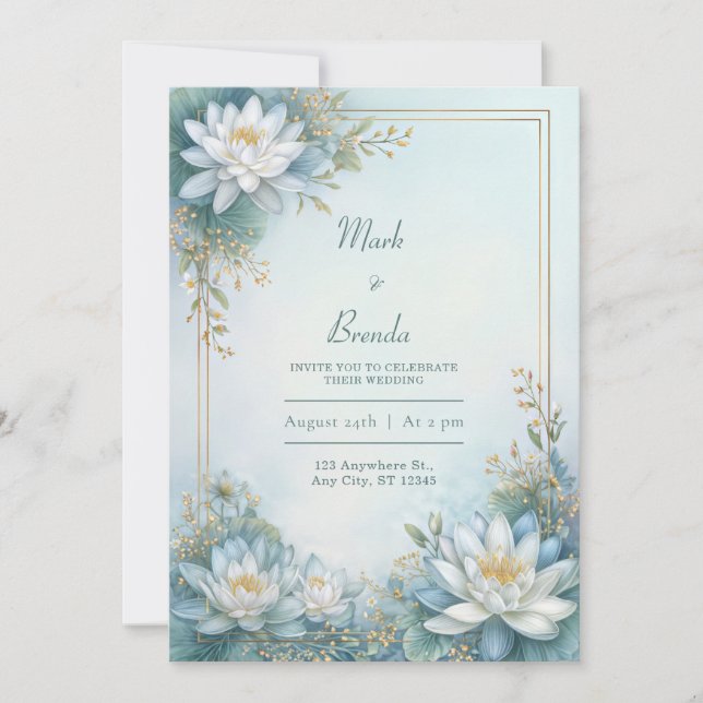 Invitación Misty Blue Water Lily Gold Frame Wedding (Anverso)