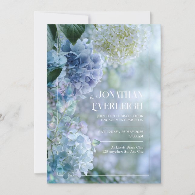 Invitación Misty Blue White Hydrangea Garden Frame Wedding (Anverso)