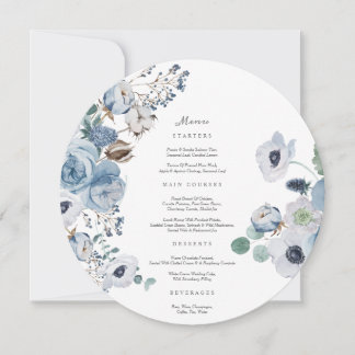 Invitación Misty Blues Rosas Anemones Circle Menu Card