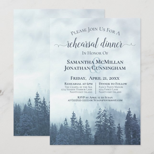 Invitación Misty Mountains Boda azul ensayo y cena (Anverso / Reverso)