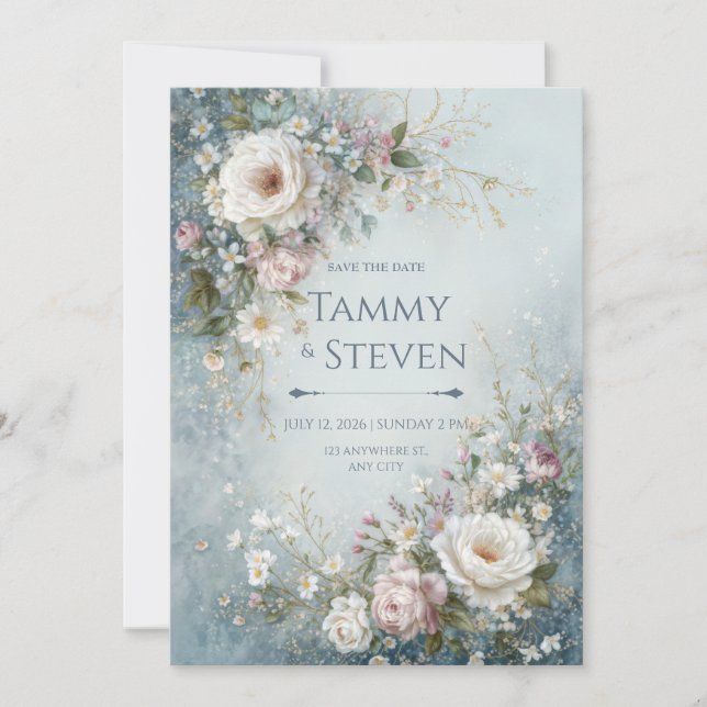 Invitación Misty Teal Watercolor Ivory Rose Wedding (Anverso)
