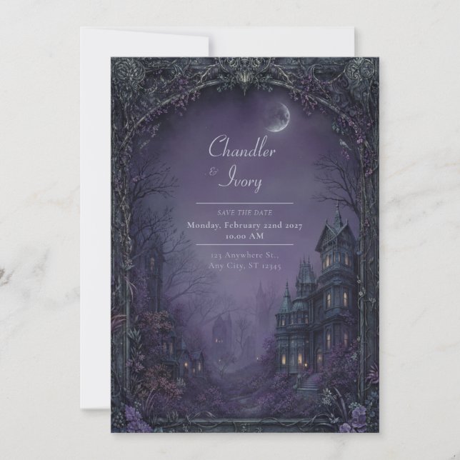 Invitación Misty Violet Moonlit Gothic Manor Wedding (Anverso)