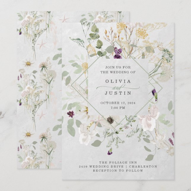 Invitación Misty Wildflowers | Boda geométrico gris suave en (Anverso / Reverso)