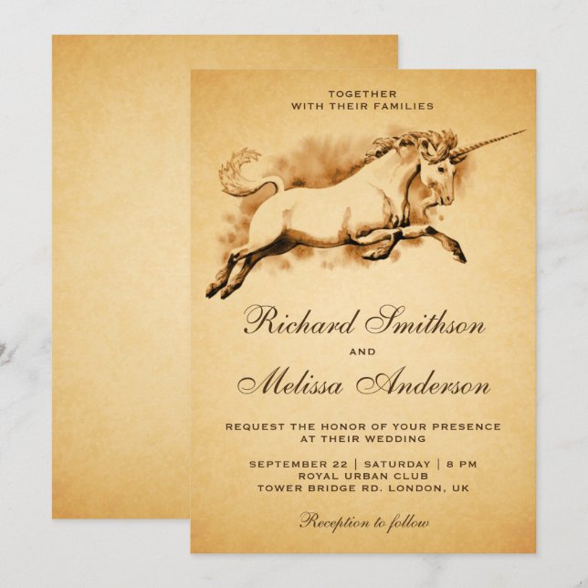 Invitación mítica de la boda del unicornio del (Anverso / Reverso)