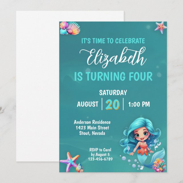 Invitación Mítica fiesta de cumpleaños de sirena mágica (Anverso / Reverso)