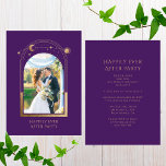 Invitación Mítico Feliz Desde La Recepción De La Boda<br><div class="desc">Mystical Happily Ever After Purple Gold Sun Moon Astronomic Wedding Celebration Invitaciones a la recepción Invitaciones a la recepción de Eoffer presenta el sol dorado, la luna y las estrellas con un marco dorado sobre un fondo morado con tu foto favorita en el interior. Personalice la información de la recepción...</div>