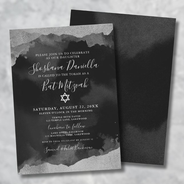 Invitación Mitzvah (Bat Mitzvah Girl Black Silver Watercolor Jewish Invitation)