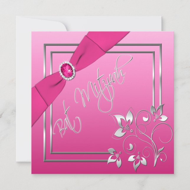 Invitación Mitzvah a Bat Floral Rosa y Plata (Anverso)