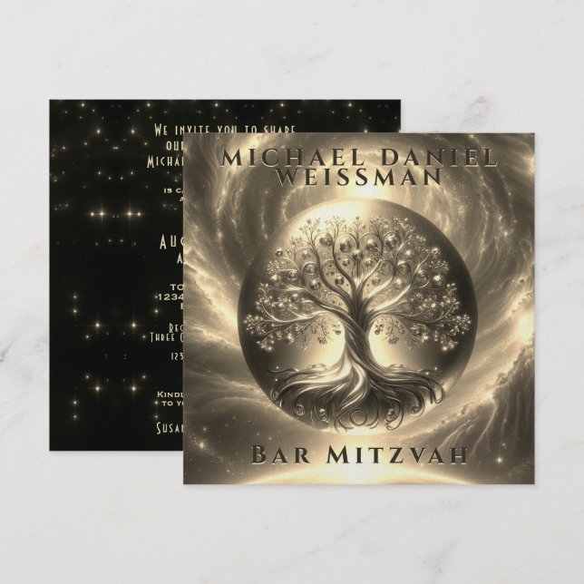 Invitación Mitzvah, árbol de la vida oro y bar negro (Anverso / Reverso)
