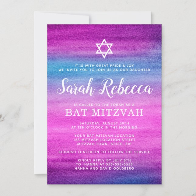 Invitación Mitzvah azul y púrpura del palo de la acuarela (Anverso)