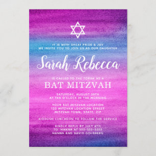 Invitación Mitzvah azul y púrpura del palo de la acuarela