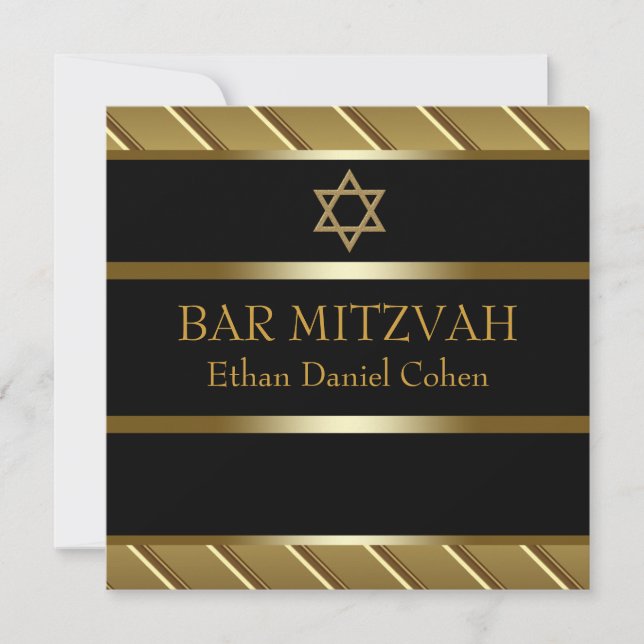 Invitación Mitzvah, barra negra y dorada (Anverso)