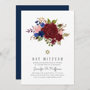 Invitación MITZVAH BAT Floral Rosa Azul Borgoña Encantada
