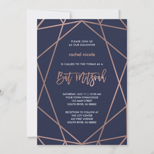 Invitación Mitzvah Bat geométrico oro azul y Rosa de medianoc (Anverso)