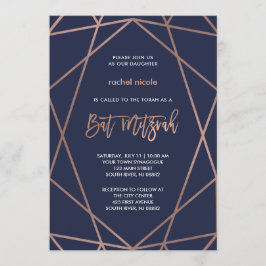 Invitación Mitzvah Bat geométrico oro azul y Rosa de medianoc