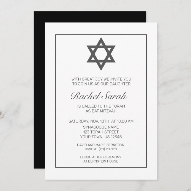 Invitación Mitzvah blanco negro Minimalista moderno (Anverso / Reverso)