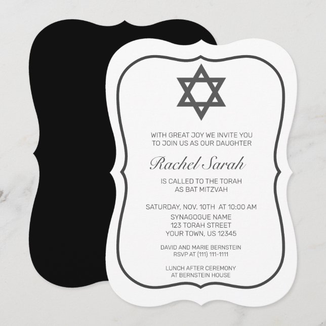 Invitación Mitzvah blanco negro Minimalista moderno (Anverso / Reverso)