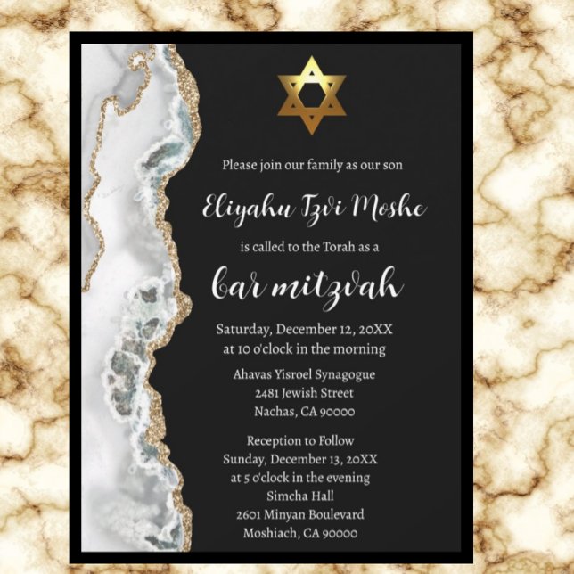 Invitación Mitzvah blanco negro moderno y barra de oro (Subido por el creador)