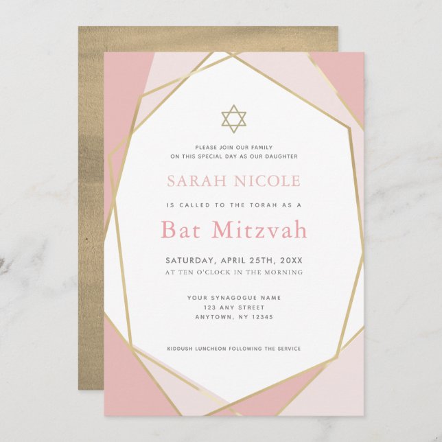 Invitación Mitzvah con gota de oro y rosado geométrico (Anverso / Reverso)