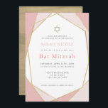 Invitación Mitzvah con gota de oro y rosado geométrico<br><div class="desc">Esta invitación moderna y de moda a Bat Mitzvah tiene un fondo blanco con marcos geométricos de oro falso en rosa. En el reverso hay un fondo dorado falso. Cambie el color de fondo y personalizarlo para sus necesidades. Puedes encontrar productos coincidentes en mi tienda.</div>