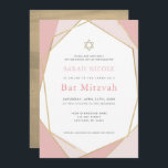 Invitación Mitzvah con gota de oro y rosado geométrico<br><div class="desc">Esta invitación moderna y de moda a Bat Mitzvah tiene un fondo blanco con marcos geométricos de oro falso en rosa. En el reverso hay un fondo dorado falso. Cambie el color de fondo y personalizarlo para sus necesidades. Puedes encontrar productos coincidentes en mi tienda.</div>
