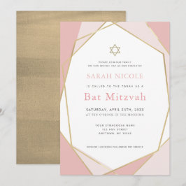 Invitación Mitzvah con gota de oro y rosado geométrico
