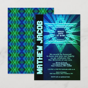 Invitación Mitzvah de bar verde y azul eléctrico