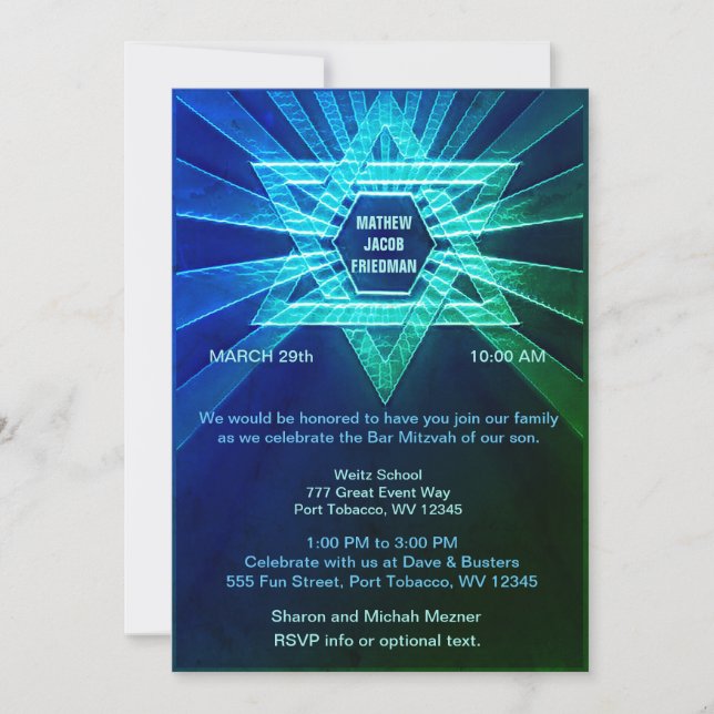 Invitación Mitzvah de bar verde y azul eléctrico (Anverso)