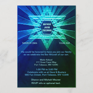 Invitación Mitzvah de bar verde y azul eléctrico