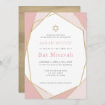 Invitación Mitzvah de barrita de oro y rosado geométrico<br><div class="desc">Esta moderna y moda invitación a Bat Mitzvah presenta un fondo blanco con falsos marcos geométricos dorados en rosa. El reverso presenta un fondo de oro falso. Cambie el color de fondo y personalícelo según sus necesidades.
 Puedes encontrar productos a juego en mi tienda.</div>