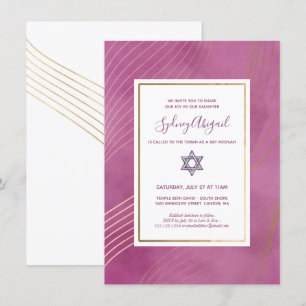 Invitación Mitzvah de color acuático moderno rosa y oro
