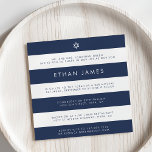 Invitación Mitzvah de la Marina y la franja blanca<br><div class="desc">Las invitaciones a Bar Mitzvah tienen un toque marinero moderno, con amplias franjas horizontales azul marino y blancas con letras modernas de sans serif y una pequeña estrella de David en la parte superior. Utilice los campos de texto proporcionados para agregar la información de su personalizado, detalles de la ceremonia...</div>