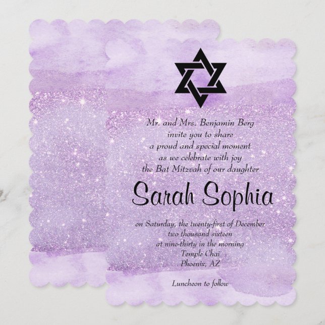 Invitación Mitzvah de murciélago morado, acuarela, violeta, P (Anverso / Reverso)